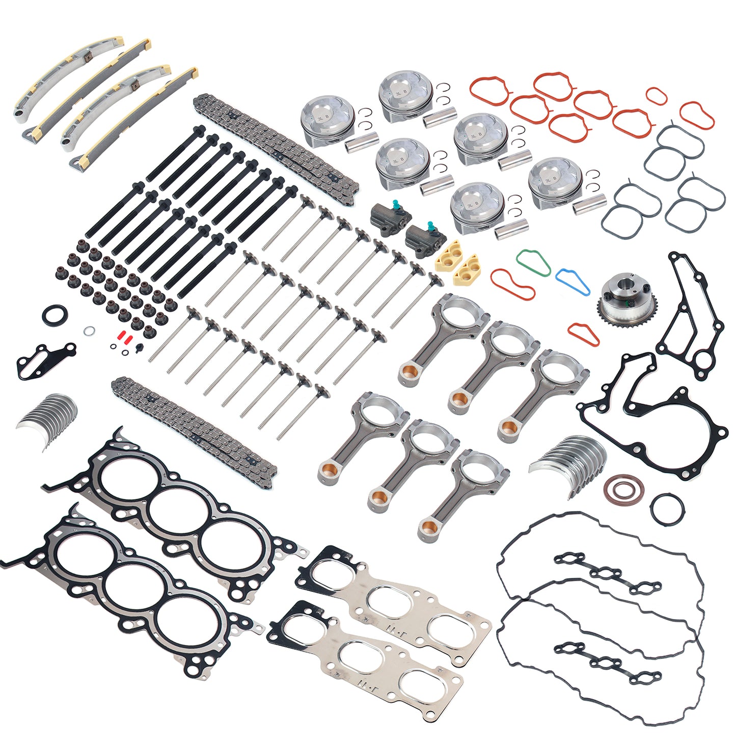 Engine Rebuild Overhaul Kit- Crankshaft/Piston/Timing Chain/Main & Rod Bearings/Engine Valves/Engine Gasket Bolts For 10-16 HYUNDAI Santa Fe XL Azera Veracruz KIA Cadenza Sorento Sedona 3.3L