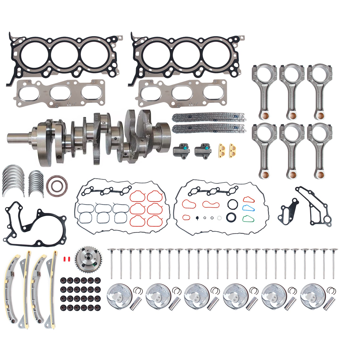 Engine Rebuild Overhaul Kit- Crankshaft/Piston/Timing Chain/Main & Rod Bearings/Engine Valves/Engine Gasket Bolts For 10-16 HYUNDAI Santa Fe XL Azera Veracruz KIA Cadenza Sorento Sedona 3.3L