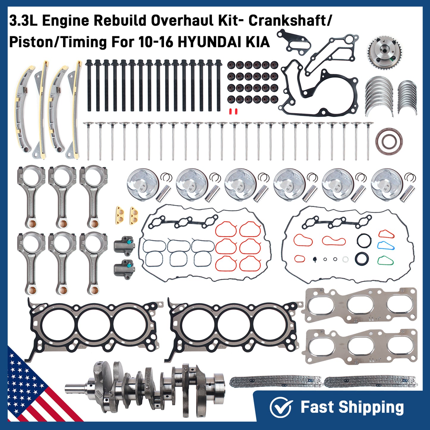 Engine Rebuild Overhaul Kit- Crankshaft/Piston/Timing Chain/Main & Rod Bearings/Engine Valves/Engine Gasket Bolts For 10-16 HYUNDAI Santa Fe XL Azera Veracruz KIA Cadenza Sorento Sedona 3.3L